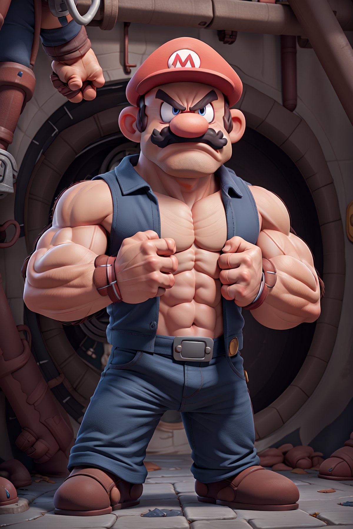 masterpiece, best quality, muscular shirtless angry super mario in the sewer